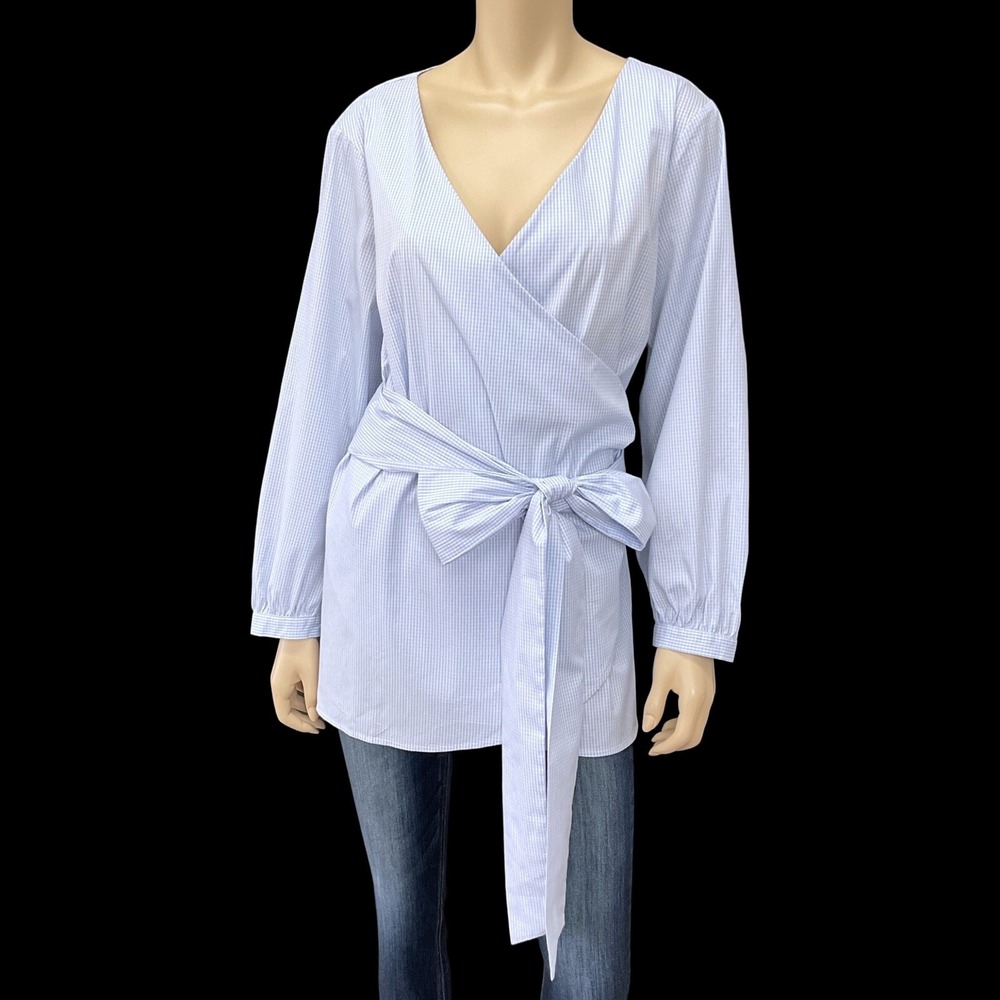 Lane Bryant Shirt Women 18 Blue White Gingham Cotton Blend 3/4 Sleeve Wrap Top